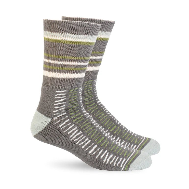 A pair of crew socks in gray with white and olive green stripes, featuring a textured knit pattern and light gray toe and heel sections, shown against a plain white background. - okotoks hc pharmacy