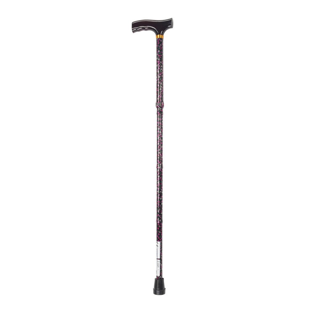 Black walking cane with decorative pattern on a white background - okotoks hc pharmacy