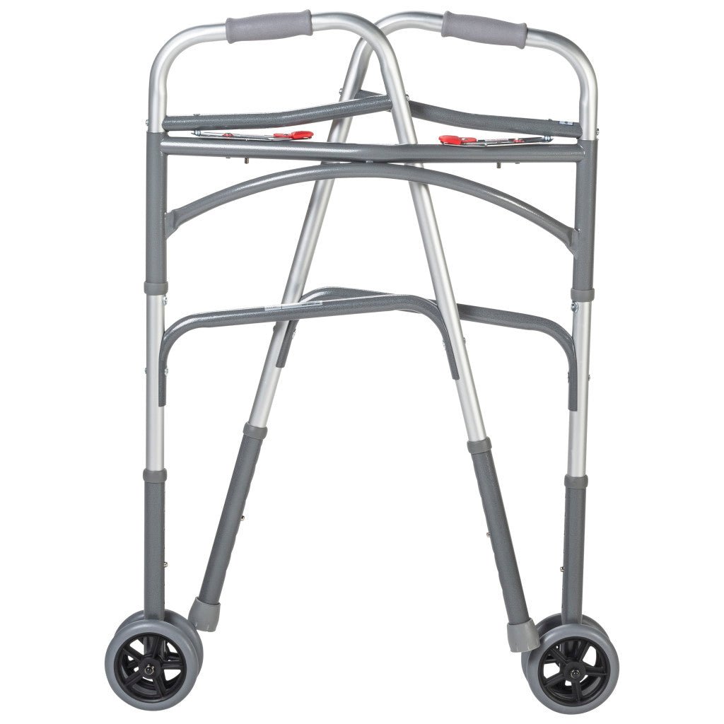 Silver walker with wheels on a white background - okotoks hc pharmacy