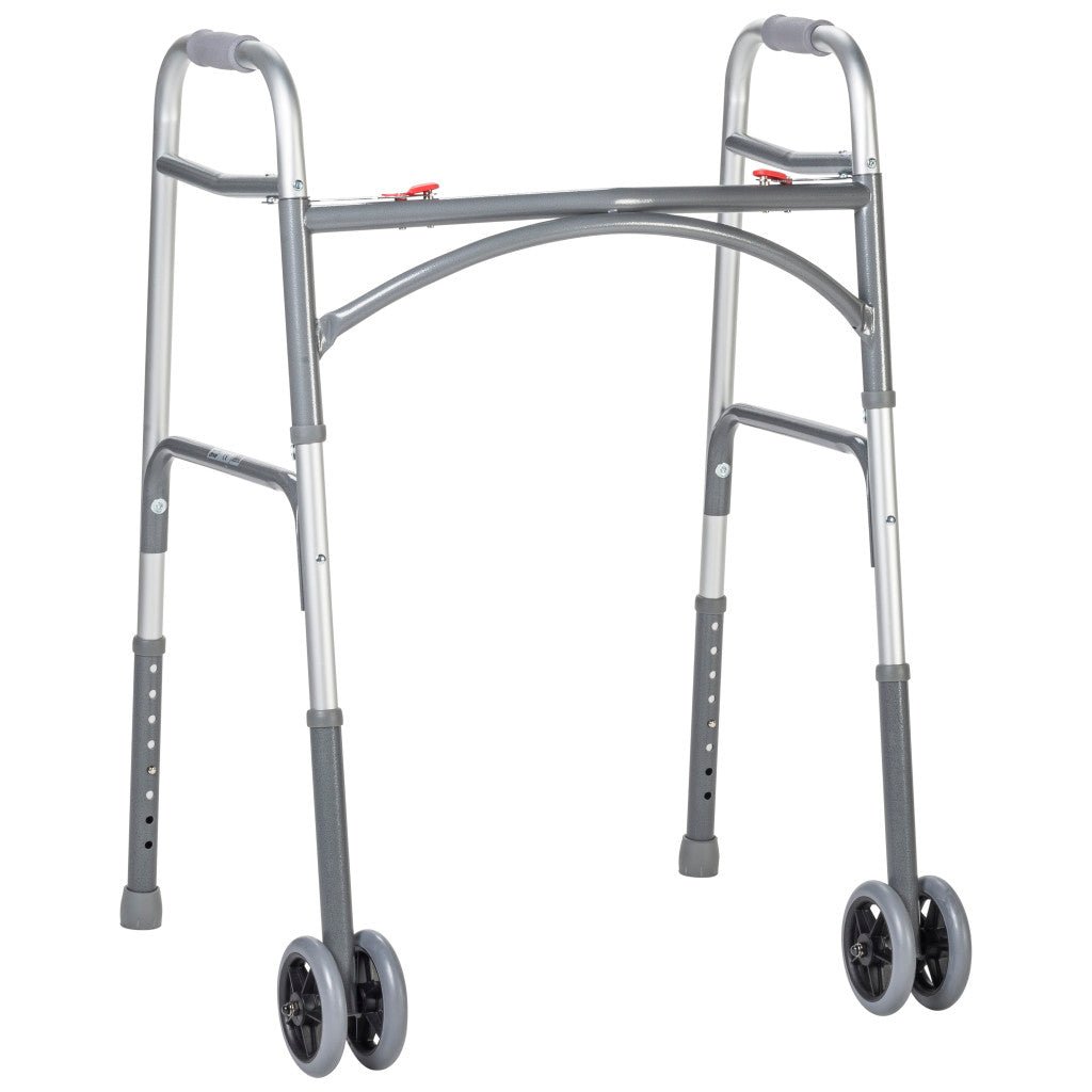 Silver walker with four wheels on a white background - okotoks hc pharmacy