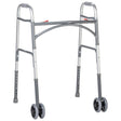 Silver walker with four wheels on a white background - okotoks hc pharmacy