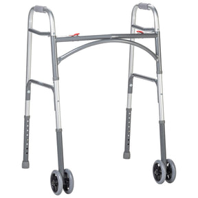 Silver walker with four wheels on a white background - okotoks hc pharmacy