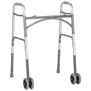 Silver walker with four wheels on a white background - okotoks hc pharmacy