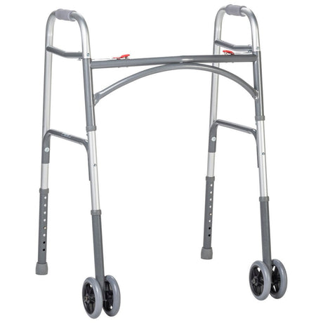 Silver walker with four wheels on a white background - okotoks hc pharmacy