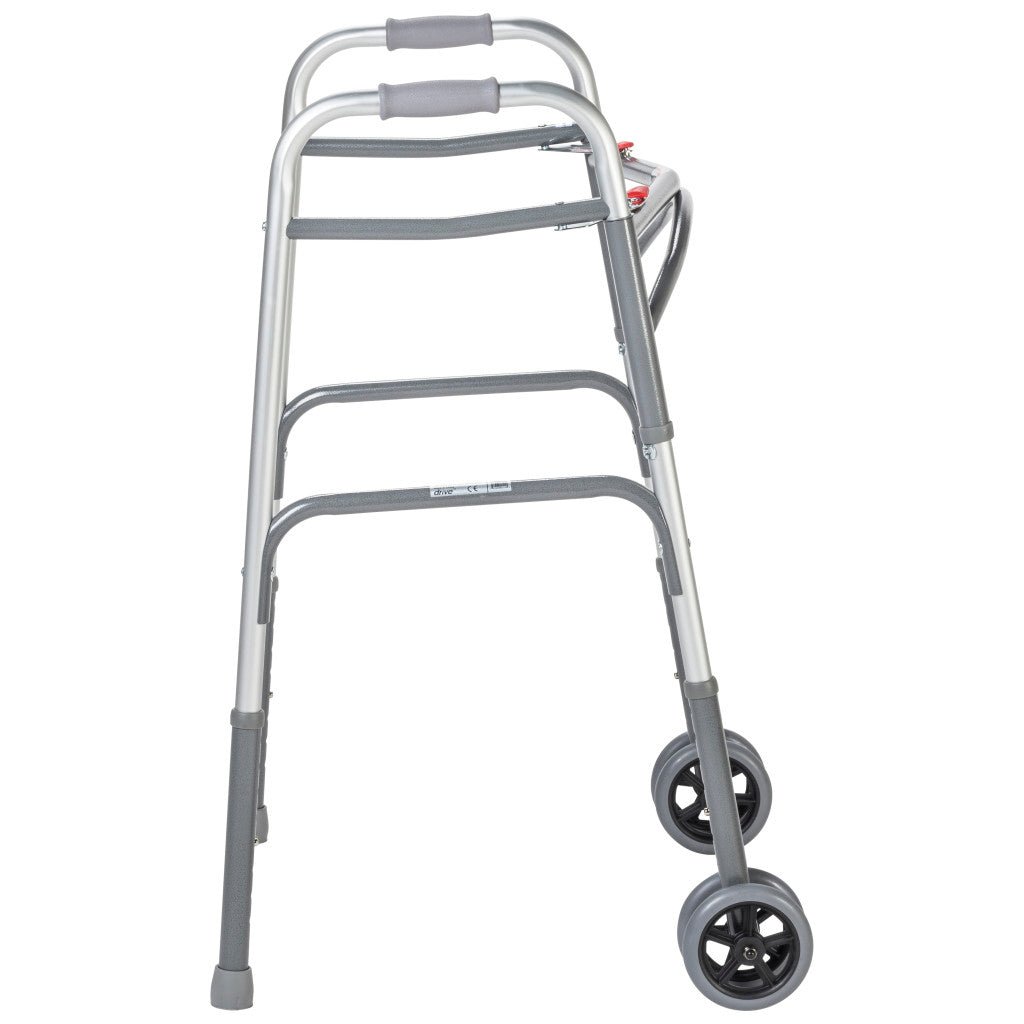 Silver walker with wheels on a white background - okotoks hc pharmacy