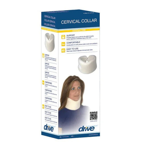 Cervical collar packaging with a woman wearing the collar on a white background - Okotoks HC Pharmacy