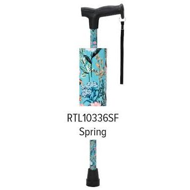 Folding cane with floral design handle and black base, labeled 'Spring'. - okotoks hc pharmacy