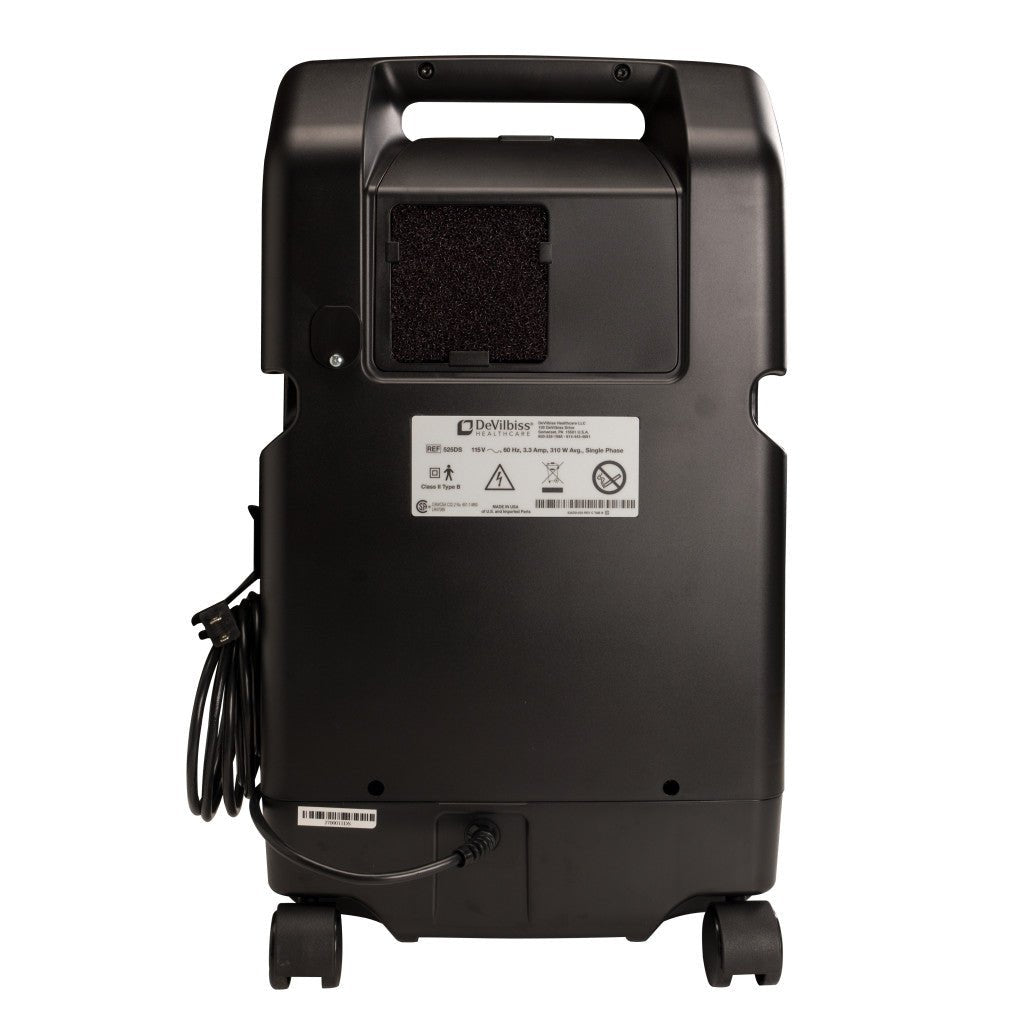 Black portable oxygen concentrator with wheels on a white background - okotoks hc pharmacy