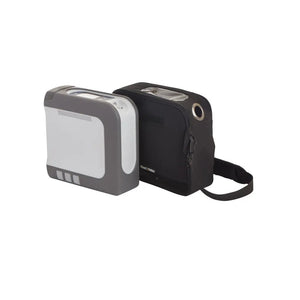 portable oxygen concentrator  one gray and one black carrying case,  on a white background.