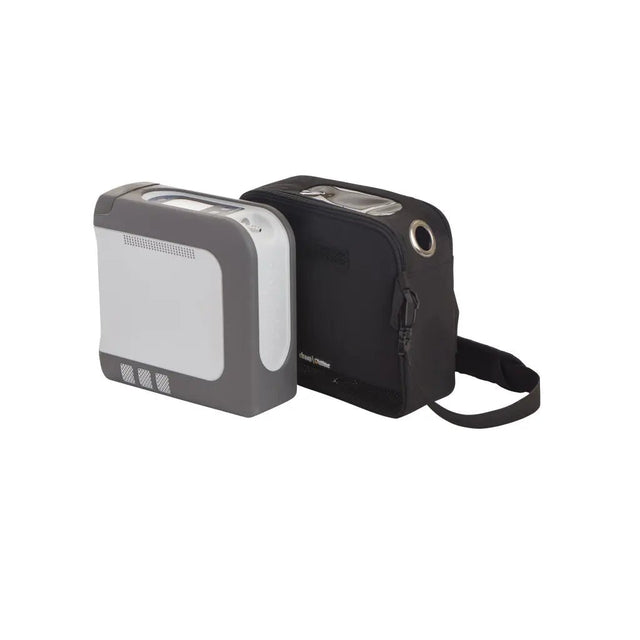 portable oxygen concentrator  one gray and one black carrying case,  on a white background.