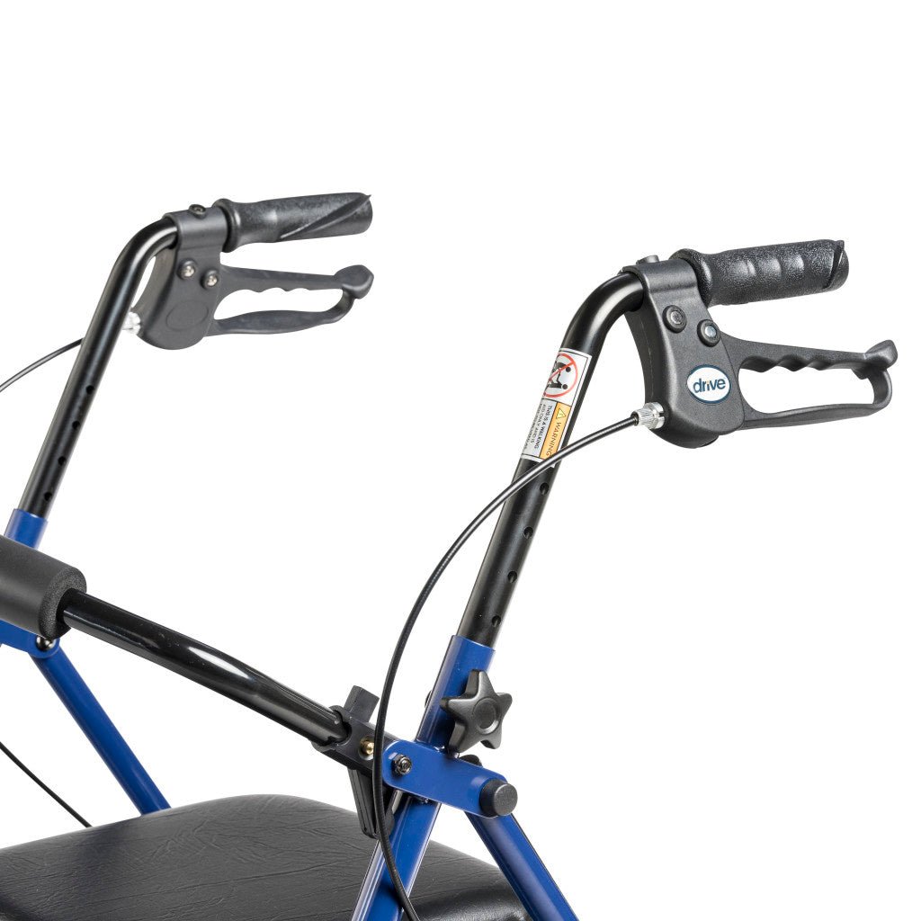 Close-up of a wheelchair handlebar with visible brand logo on a white background - okotoks hc pharmacy
