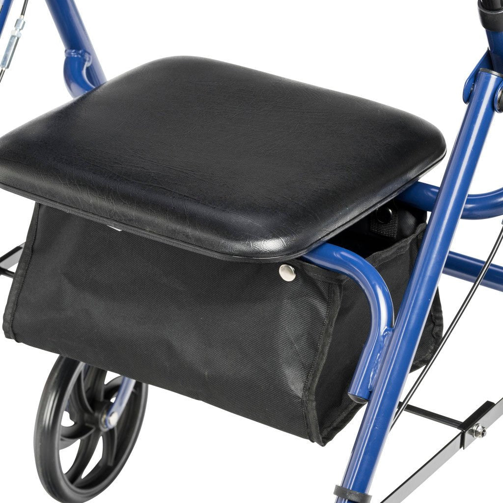 Black seat pad on a blue walker with a black bag attached. - okotoks hc pharmacy