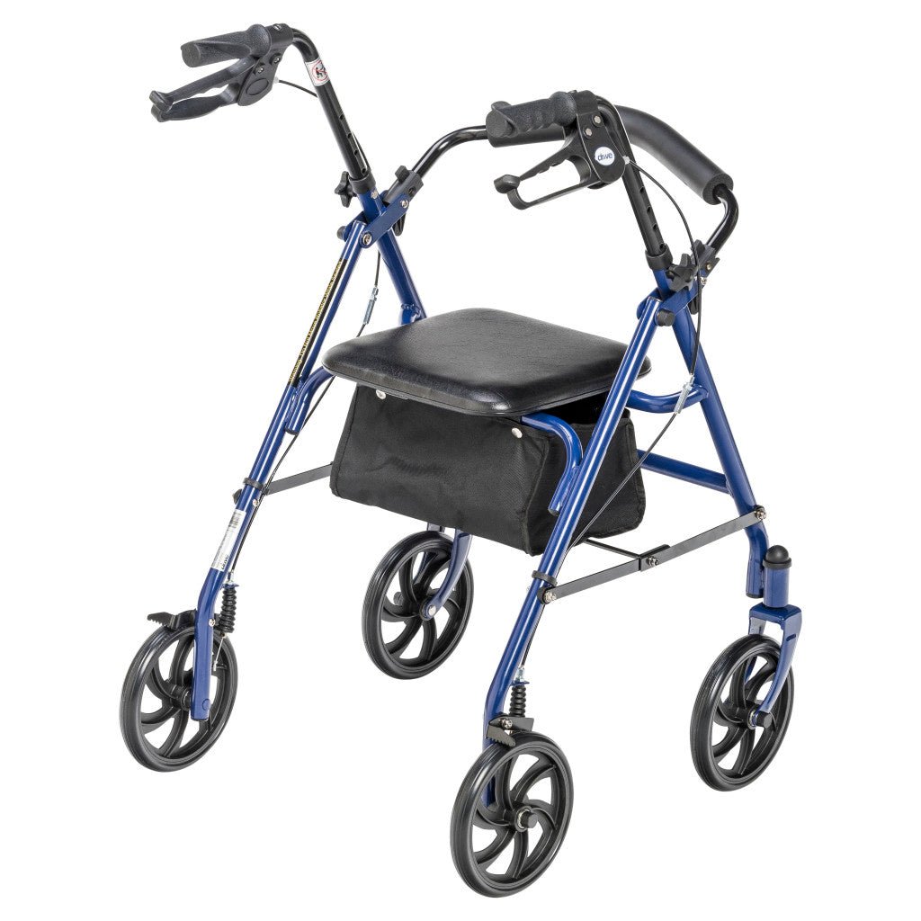 Blue walker with a seat on a white background - okotoks hc pharmacy