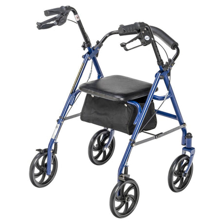 Blue walker with a seat on a white background - okotoks hc pharmacy