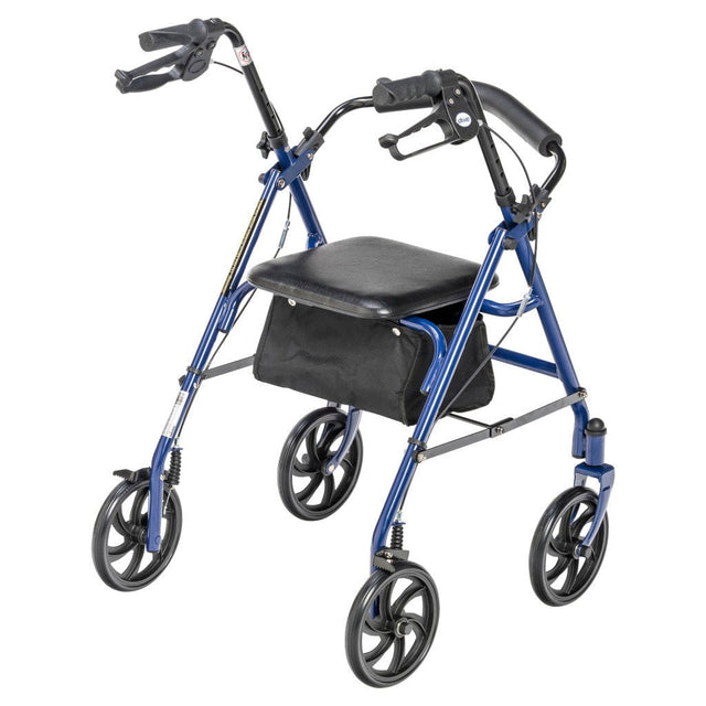 Blue walker with a seat on a white background - okotoks hc pharmacy