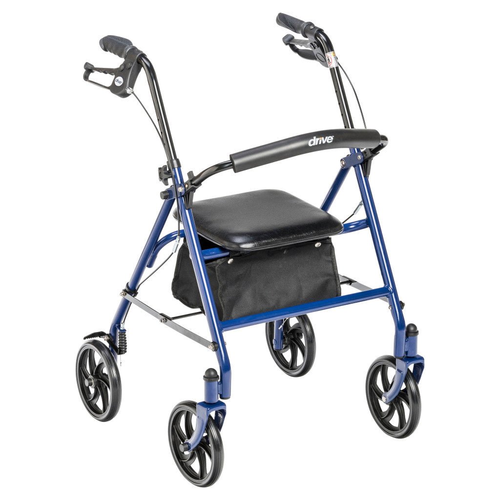 Blue rollator with a seat on a white background - okotoks hc pharmacy