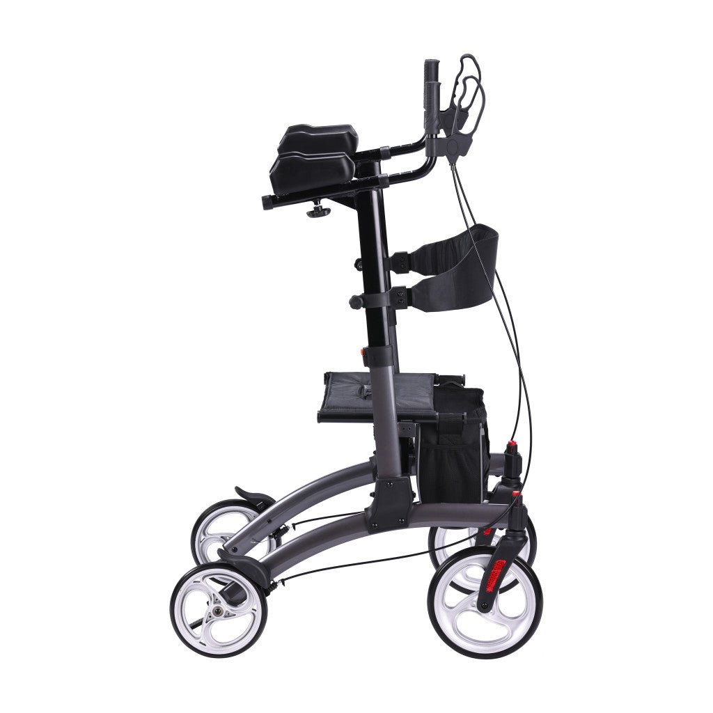 Black rollator with four wheels on a white background - okotoks hc pharmacy