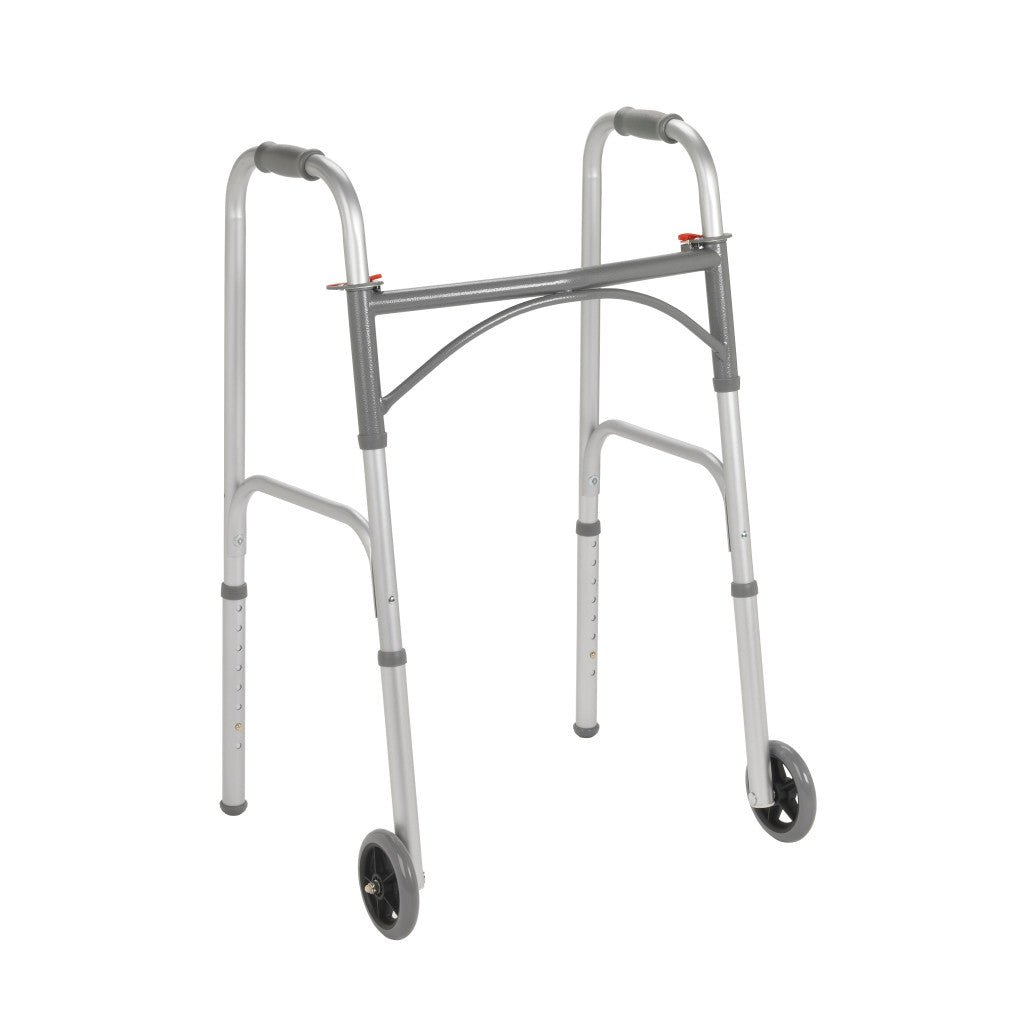 Silver walker with wheels on a white background - okotoks hc pharmacy