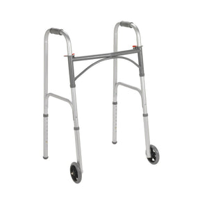 Silver walker with wheels on a white background - okotoks hc pharmacy