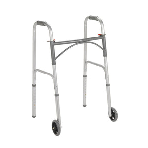 Silver walker with wheels on a white background - okotoks hc pharmacy