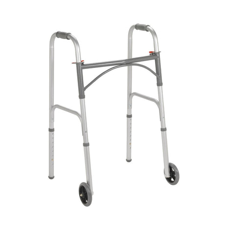 Silver walker with wheels on a white background - okotoks hc pharmacy