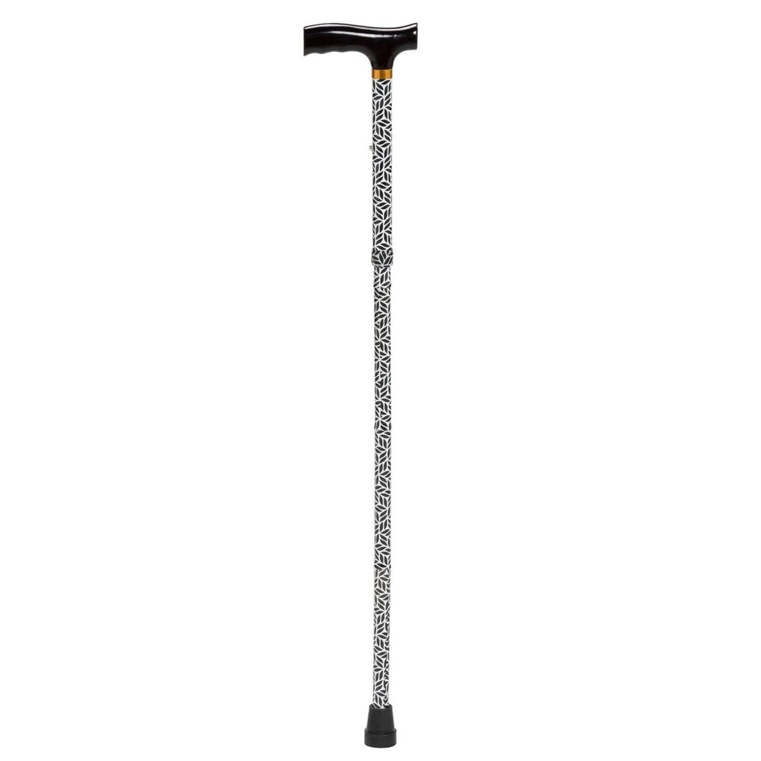 A single walking cane with a black T-handle, black rubberized tip, and a textured silver and black patterned shaft, shown against a plain white background. - okotoks hc pharmacy