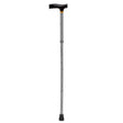 A single walking cane with a black T-handle, black rubberized tip, and a textured silver and black patterned shaft, shown against a plain white background. - okotoks hc pharmacy