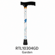 A walking cane with a black T-shaped handle and black rubberized tips, featuring a white shaft decorated with a delicate garden-themed floral pattern in blue, pink, and green. The text 'RTL10304GD' and 'Garden' are printed below the cane on a solid white background. - okotoks hc pharmacy