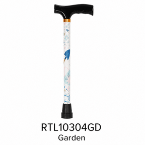 A walking cane with a black T-shaped handle and black rubberized tips, featuring a white shaft decorated with a delicate garden-themed floral pattern in blue, pink, and green. The text 'RTL10304GD' and 'Garden' are printed below the cane on a solid white background. - okotoks hc pharmacy