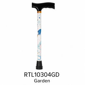 A walking cane with a black T-shaped handle and black rubberized tips, featuring a white shaft decorated with a delicate garden-themed floral pattern in blue, pink, and green. The text 'RTL10304GD' and 'Garden' are printed below the cane on a solid white background. - okotoks hc pharmacy