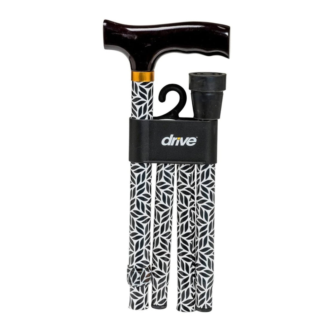 A three-piece folding cane set from the brand Drive, featuring a black T-handle with a dark wood-look grip, a black telescoping shaft with a black-and-white geometric pattern, and a black ankle support, all packaged in a black plastic sleeve with the 'drive' logo. - okotoks hc pharmacy