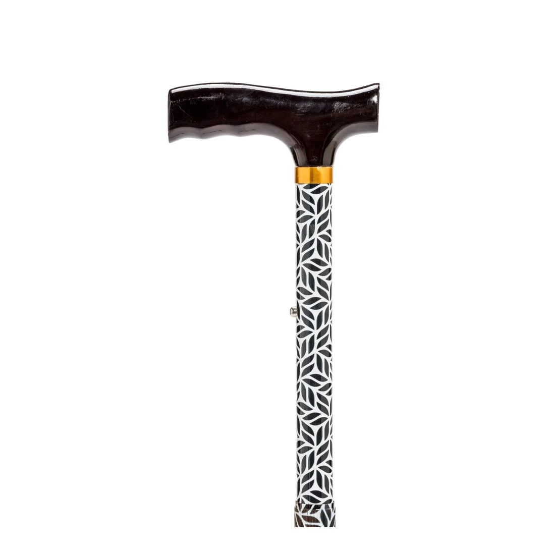 A luxury walking cane with a dark brown wooden T-handle, a polished gold accent ring, and a black and white geometric inlay pattern on the shaft, shown against a solid white background. - okotoks hc pharmacy