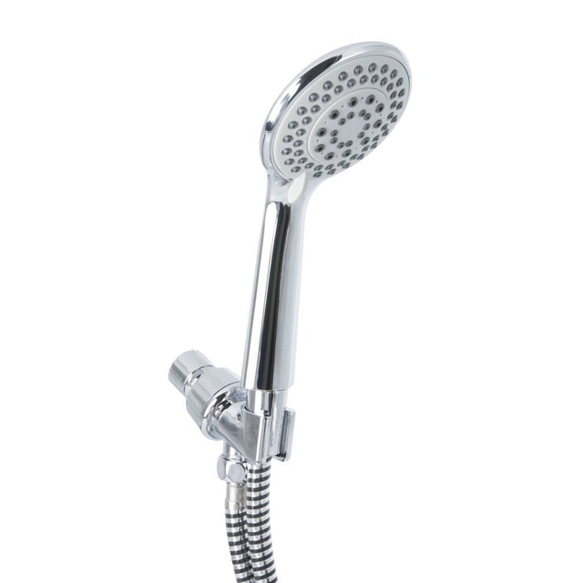 Chrome shower head with flexible hose on a white background - okotoks hc pharmacy