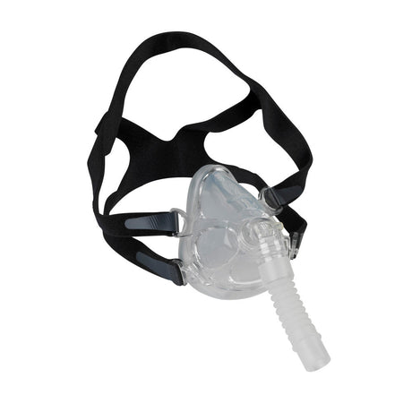 A clear CPAP mask with a black adjustable head strap and a translucent breathing tube, shown on a plain white background. - okotoks hc pharmacy