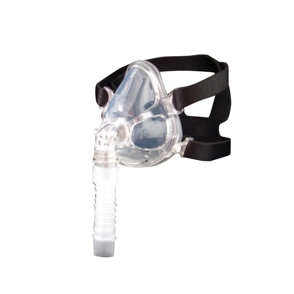 A clear CPAP face mask with a black adjustable head strap and a clear ribbed breathing tube, shown on a plain white background. - okotoks hc pharmacy