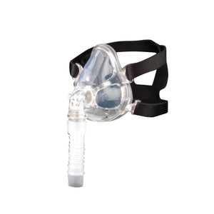 A clear CPAP face mask with a black adjustable head strap and a clear ribbed breathing tube, shown on a plain white background. - okotoks hc pharmacy