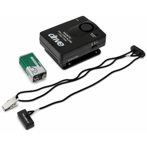 Drive Medical Magnetic Pull Cord Alarm, featuring a black control box, a green and silver 9V battery, a black clip, and a black wrist strap with a transmitter end, all on a white background. - okotoks hc pharmacy