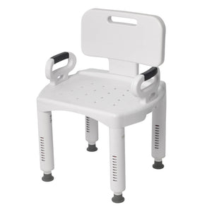 White shower chair with backrest and armrests on a white background - okotoks hc pharmacy