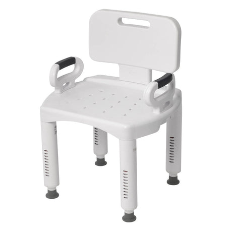 White shower chair with backrest and armrests on a white background - okotoks hc pharmacy
