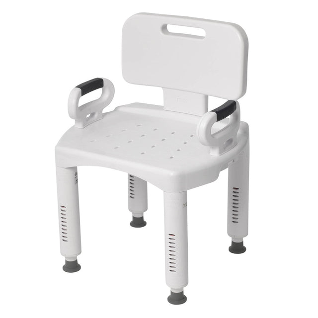 White shower chair with backrest and armrests on a white background - okotoks hc pharmacy