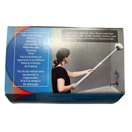 A boxed tub scrub cleaner product shown on a plain white background. The front of the box features a blue panel with product benefits in multiple languages and a photo of a woman using a long-handled scrub brush in a bathtub. - okotoks hc pharmacy