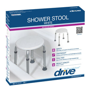 Box of a white shower stool with Drive Medical branding - okotoks hc pharmacy