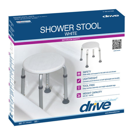 Box of a white shower stool with Drive Medical branding - okotoks hc pharmacy