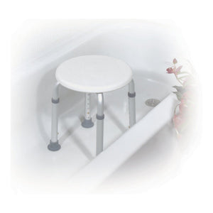 Round shower stool with gray legs next to a bathtub on a white background - okotoks hc pharmacy