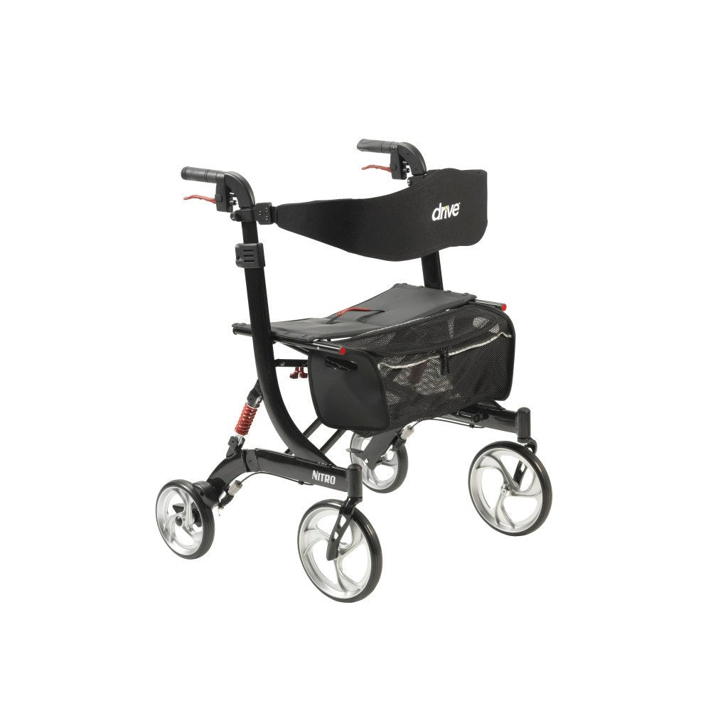 Black rollator with a bag on a white background - okotoks hc pharmacy