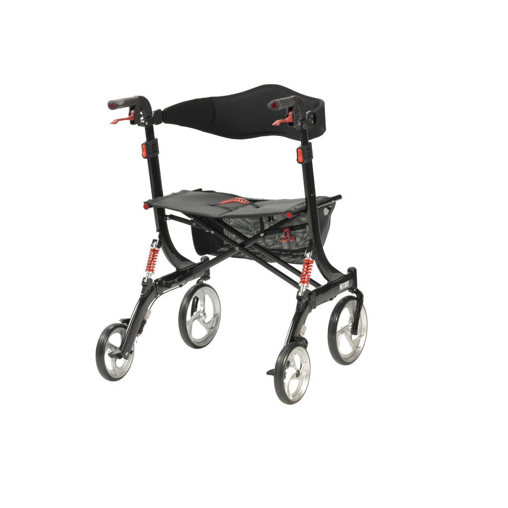 Black rollator with gray seat on a white background - okotoks hc pharmacy