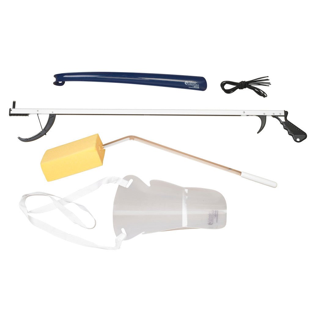 Set of cleaning tools including a brush, squeegee, and other accessories on a white background - okotoks hc pharmacy