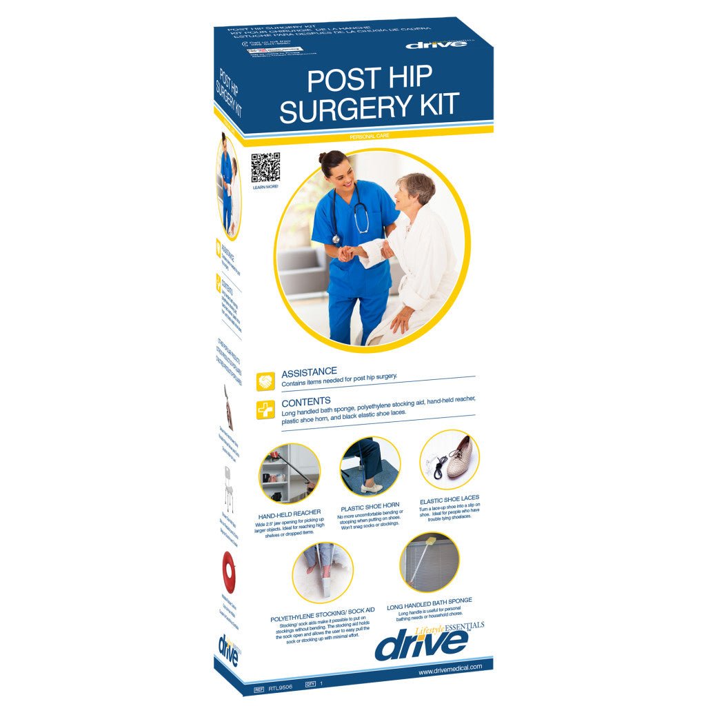 Box of a post hip surgery kit with medical imagery and text. - okotoks hc pharmacy