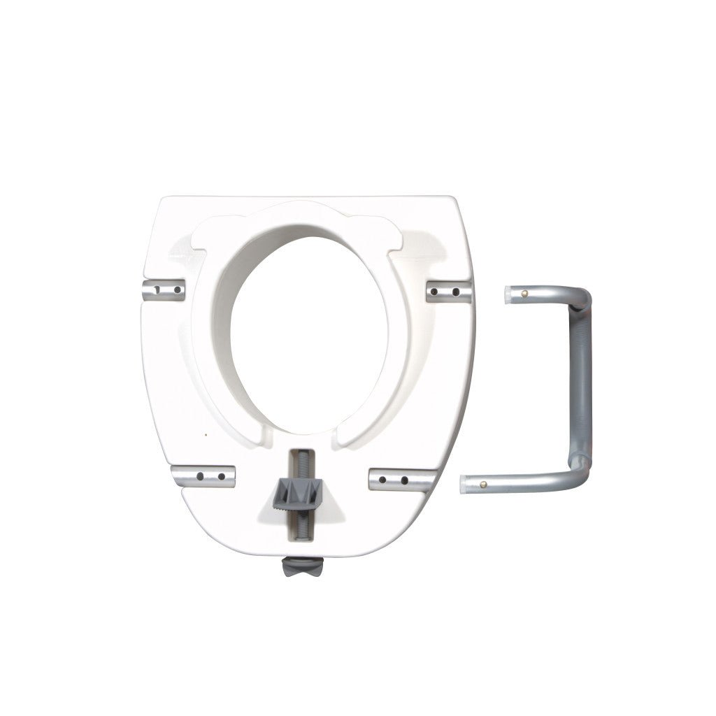 White toilet seat with metal hinges on a white background - okotoks hc pharmacy