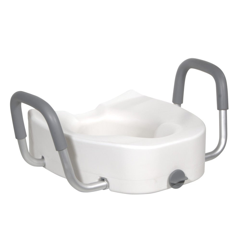 White raised toilet seat with gray handles on a white background - okotoks hc pharmacy